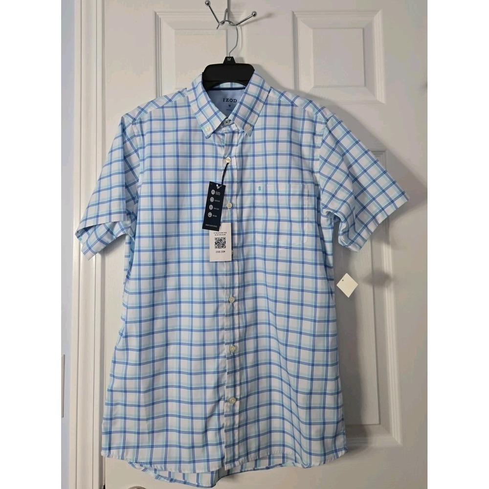 IZOD Men's SS Button Down Breeze Shirt Green Blue White Plaid Size Medium New